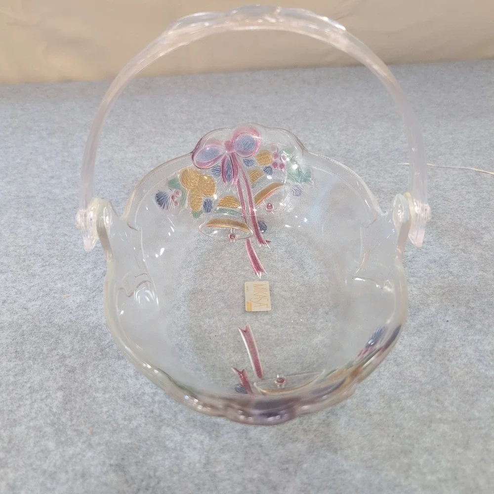 Mikasa Celebrations Holiday Bells Colored Glass Oval Basket Christmas‎ Handle